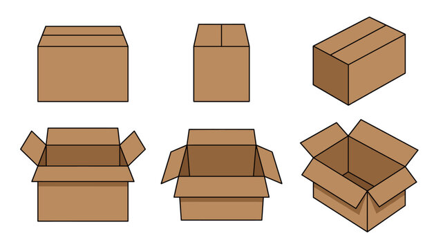 Standard brown corrugated cardboard box mockup set with open and closed lids for delivery storage vector illustration