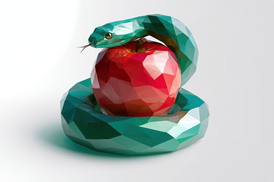 Polygonal serpent embracing a red apple in a modern abstract illustration