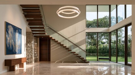 Fototapeta premium Modern entryway with floating staircase, large windows, and abstract art