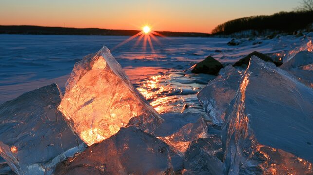 Sunbeams illuminate jagged ice chunks on a frozen, wintry shoreline at sunset