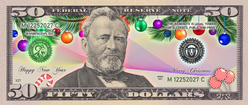 Festive illustration. Obverse, 50 dollars bill, flyer. Merry Christmas, Happy New Year 2027. Bank seals, symbols, goat and sheep. Fir branches and brightly colored balls. Holiday banknote, certificate