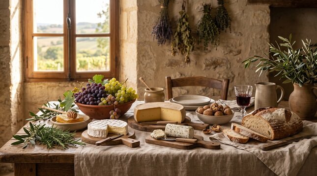Gourmet rustic cheese platter with grapes, bread, and wine on a wooden table, hotel welcome suite style