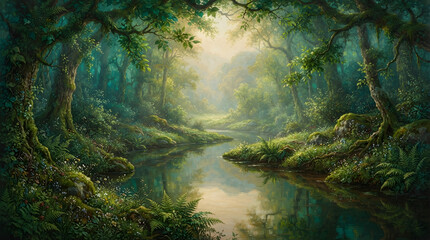 A serene and magical forest landscape featuring a calm river flowing through ancient mossy trees under soft morning sunlight © Abdal