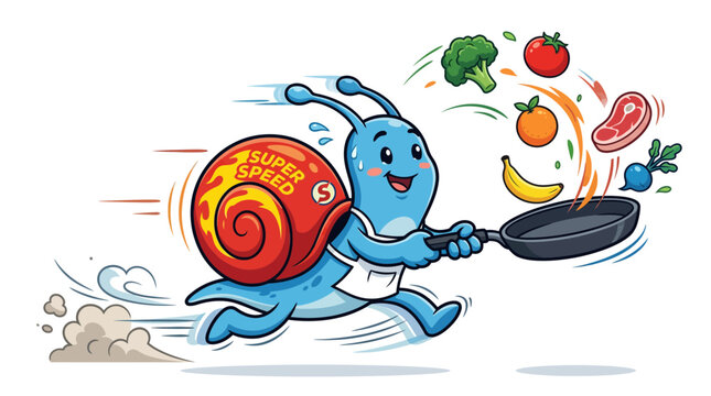 Speedy Snail Chef with Frying Pan and Flying Food Ingredients