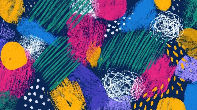 Abstract, vibrant, textured pattern of colorful crayon strokes and dots