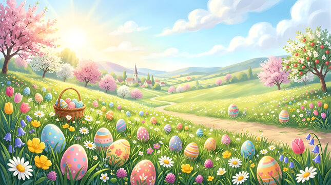 A beautiful spring landscape featuring a basket of colorful easter eggs in a blooming meadow with rolling green hills