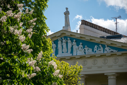 London, UK - 18 April 2026. Cumberland Terrace in London, designed by John Nash in 1826, showcasing neoclassical architecture with ornate sculptures and a striking blue pediment.
