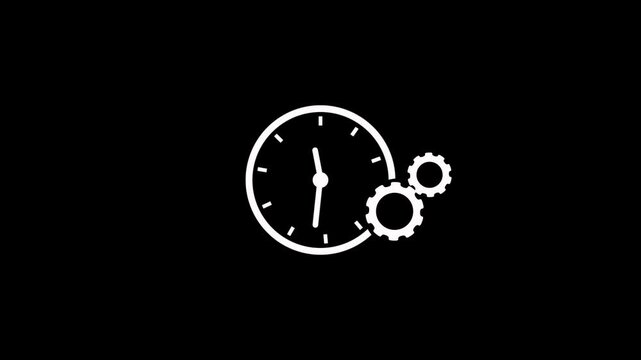 Minimalist gear cogwheel and clock time icon animation on black background. Clock symbol animation with rotating tow gear wheels for settings, time management and efficiency concept