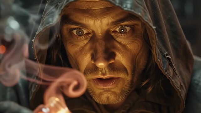 Medieval alchemist in a dimly lit laboratory, mixing potion from small vial into a bowl with swirling smoke