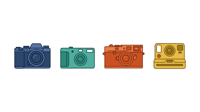 Retro camera vector icon set featuring vintage slr point and shoot rangefinder and instant film cameras isolated on white background