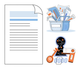 Business document and office supplies vector illustration. Data management, information security, administrative tasks, digital privacy, corporate organization, workflow efficiency. Paper sheet © Dmytro