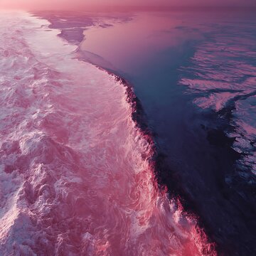 Aerial view of a dramatic glacier edge meeting dark ocean waters in the arctic circle.