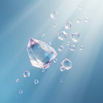 Clear crystal gemstone floating with small water bubbles against a soft blue light background gemstone floating refraction translucent freshness transparent geometric reflection droplets