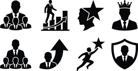 Fototapeta premium Business Leadership and Success Silhouette Icons Representing Growth, Achievement, Teamwork, and Professional Development for Corporate Design