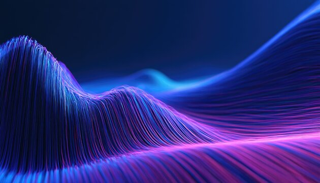 Abstract digital landscape of glowing, flowing lines in vibrant pink and blue