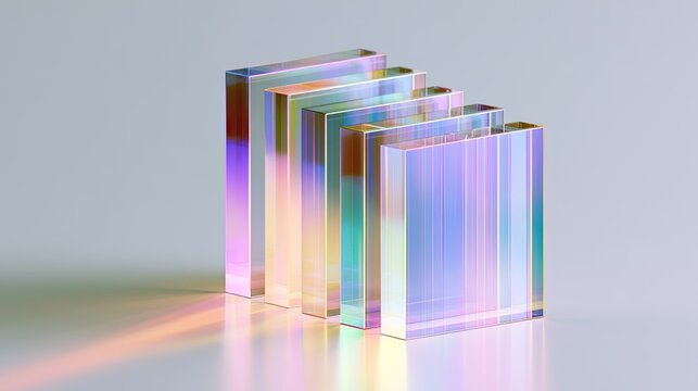 Iridescent glass rectangles arranged in a staggered, stepped formation