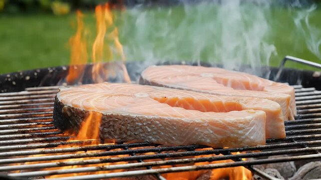 Fresh salmon steaks sizzling on a charcoal grill with vibrant flames