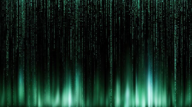 Dark background with cascading green digital code and glowing bottom lights