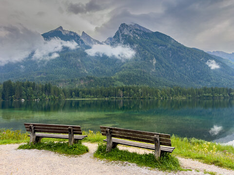 Scenic View of Hintersee in Ramsau with 
Wooden benches &ndash; Berchtesgadener Land, Bavaria, Germany

