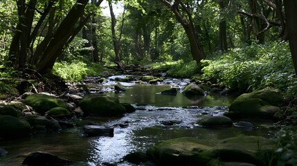 Fototapeta premium A serene forest stream flows gently over moss covered rocks surrounded by dense green foliage and tall trees