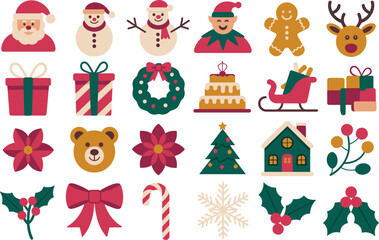 Fototapeta premium Christmas holiday flat vector icon set featuring Santa Claus gingerbread man deer and festive decorations