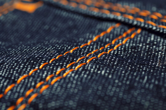 Blue denim fabric with orange stitches texture background