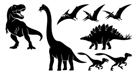 Dinosaur Silhouettes Collection: Prehistoric Reptiles Set, Tyrannosaurus Rex, Brontosaurus, Pterodactyl, Stegosaurus, Velociraptor Vector Icons for Jurassic Era Designs © Lalmiya