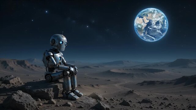 Lonely robot sitting on rocky alien planet looking at Earth in starry night sky, contemplating humanity's future