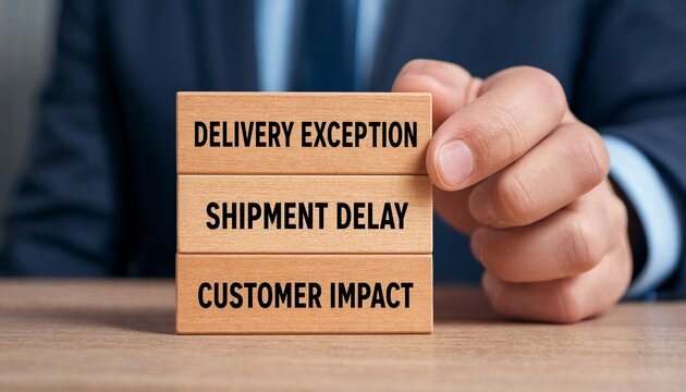 Professional holding wooden blocks indicating delivery exception shipment delay and customer impact issues on desk