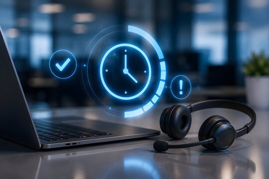 Customer support time management concept with headset laptop and digital clock graphic icon on office desk 3d rendering