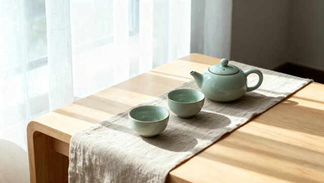 Celadon teapot and two cups on natural linen runner, serene tea time and home decor concept.