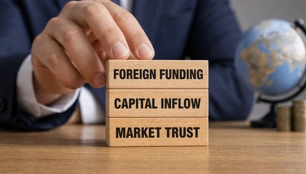 Professional placing wooden blocks labeled foreign funding capital inflow and market trust on business desk with globe