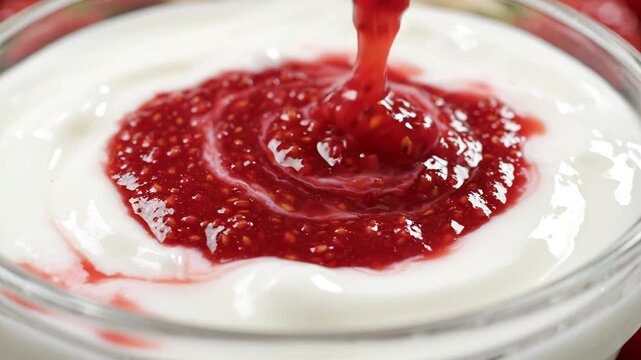 Raspberry jam being poured into creamy yogurt in a glass bowl, close-up slow motion