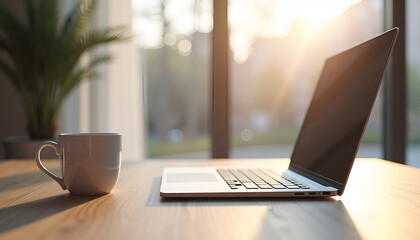 Fototapeta premium Minimal remote workspace with fresh coffee, modern laptop and generous empty desk area for advertising, websites, presentations and editorial design