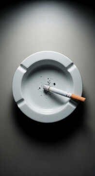 White ceramic ashtray with a burning cigarette and ash, symbolizing vices, decay, and the passage of time, suitable for health or addiction concepts