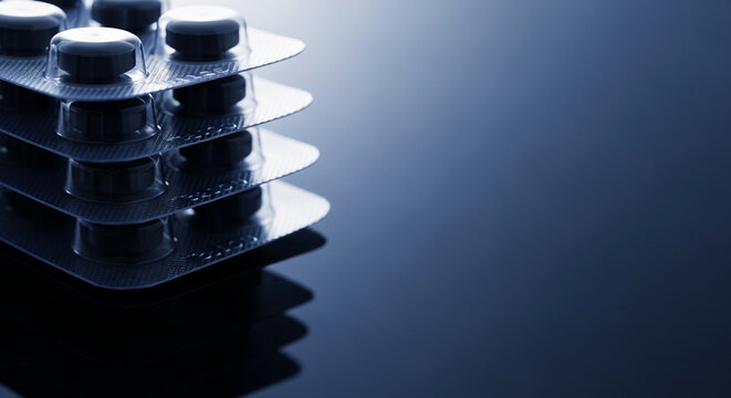 Stack of blue-tinted blister packs with pills, showcasing medical supplies and pharmaceutical packaging, symbolic of healthcare and treatment