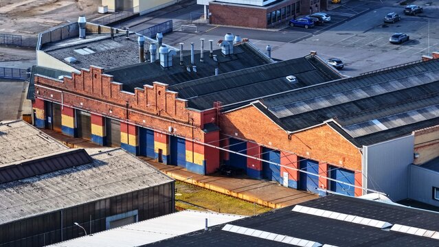 April 21, 2026 &ndash; Graaff, Elze, Lower Saxony, Germany: Aerial editorial view of a historic brick industrial workshop within the Graaff manufacturing complex in Elze.