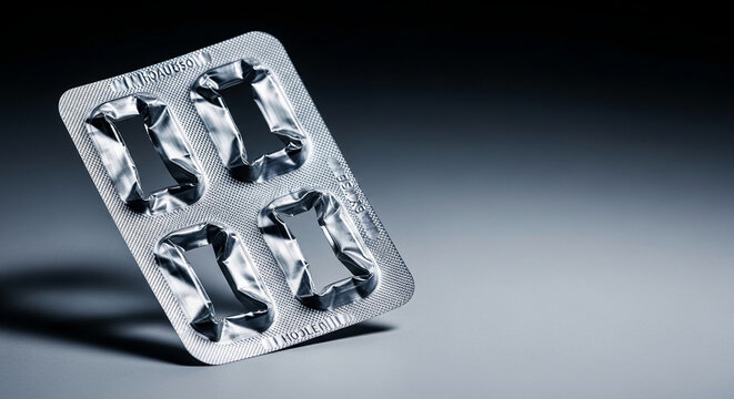 Empty blister pack with metallic sheen, empty spaces suggesting absence or completion, representing medicine, health, or usage.