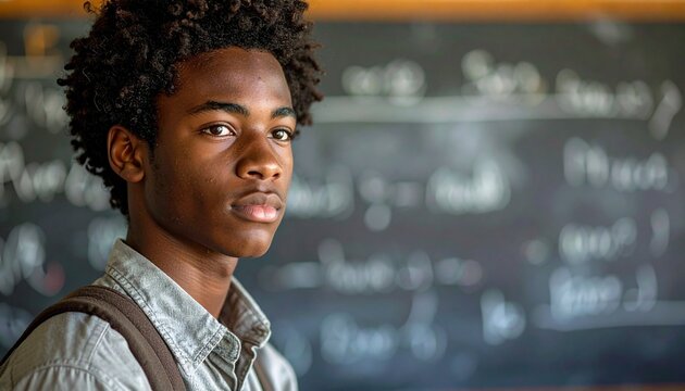 Focused black teenage boy standing by math chalkboard
