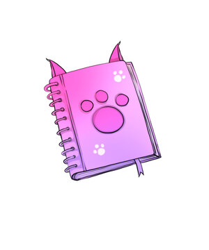 Stylized Cat Theme Journal Digital Art, Pink School Diary Accessory Isolated