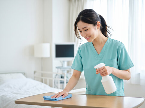 青緑色のスクラブを着て笑顔でオーバーベッドテーブルを消毒する女性