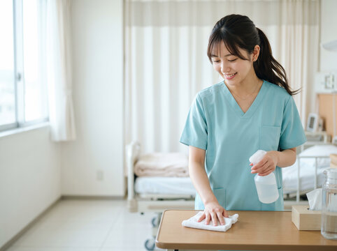 窓辺の明るい病室でベッドテーブルを拭き掃除するターコイズブルーのスクラブを着た女性