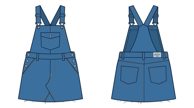 Women Blue Denim Pinafore Overall Skirt Technical Illustration Flat Sketch with Front and Back Views