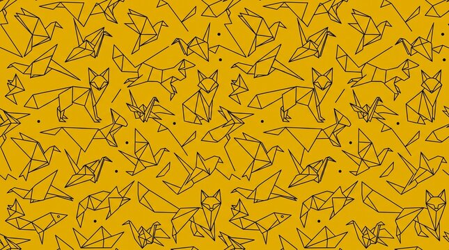 Japanese origami paper craft pattern with black outline birds and foxes on mustard yellow background