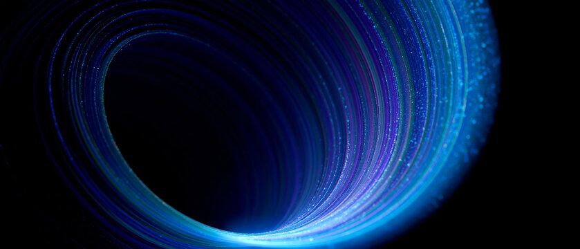 Abstract blue particle swirl tunnel background. Glowing dynamic spiral loop for technology and data flow concept. swirling vortex composed of bright blue, cyan, and purple glowing particles a tunnel