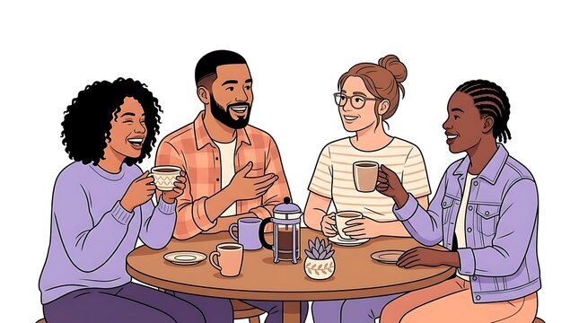 Diverse Group of Friends Enjoying Coffee Together.