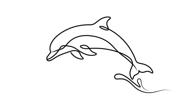 Minimalist single line drawing of a jumping dolphin with water splash, elegant and clean