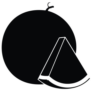 Whole watermelon fruit silhouette with small slice vector illustration line art graphics.