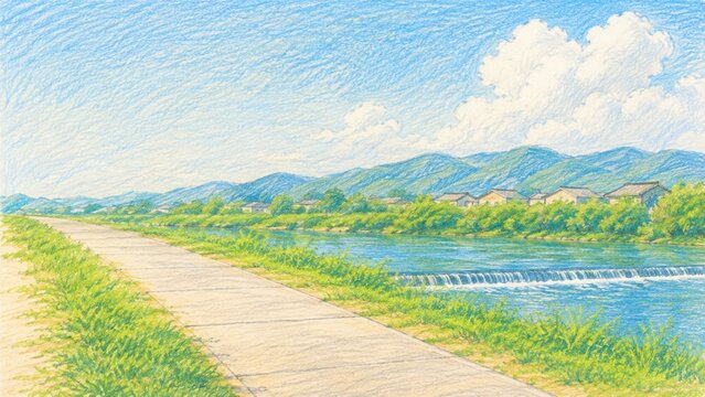 Colored pencil illustration of a riverside path with summer sky and distant mountains in rural Japan