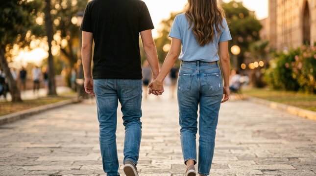 An unrecognizable man and woman holding hands while on a romantic walk.